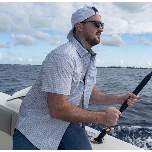 PONCHO MEN’s THE OVERCAST SHORT SLEEVE SHIRT Gary Blue Plaid XXL Fishing Outdoor - Picture 3 of 15
